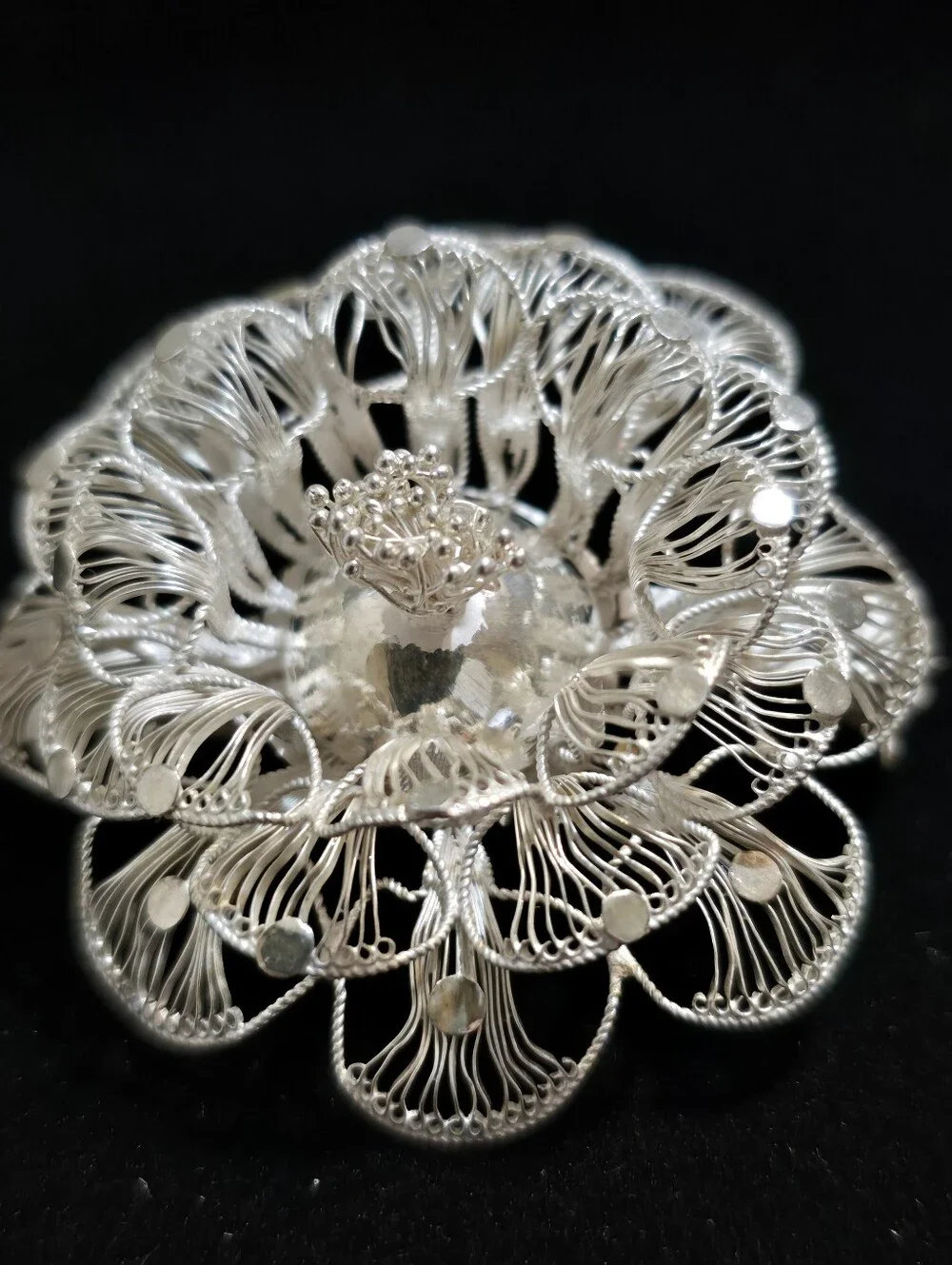 Vintage 1.8 Inch Sterling Silver Filigree Lace Flower Brooch Pin